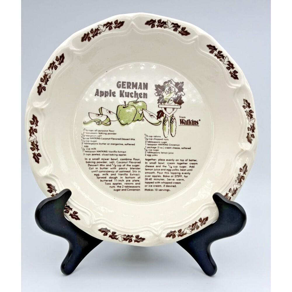 Vintage Watkins German Apple Kuchen Pie Dish with Recipe Pie Plate 1983 #6480
